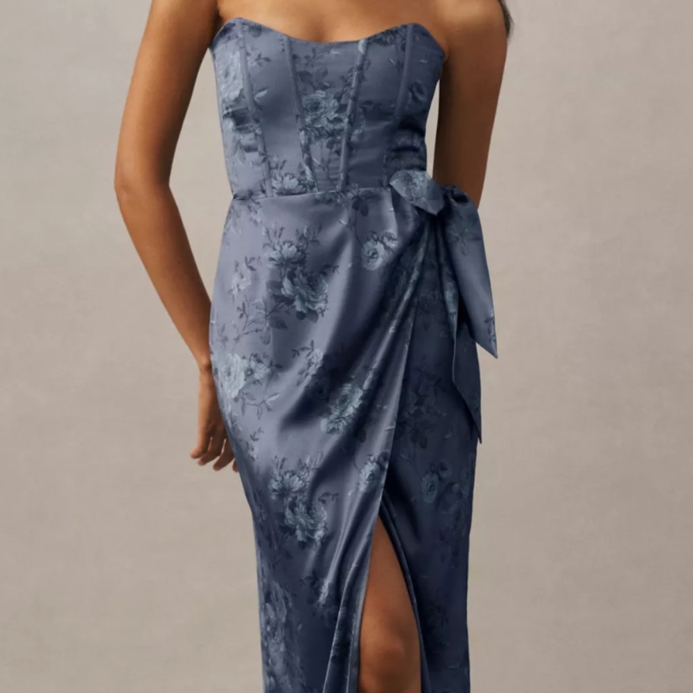 NWT V. Chapman June Floral Printed Corset Front-Slit Satin Gown